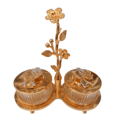 Gold-Plated Crystal Flower-Shaped Spice Box with 2 Containers
