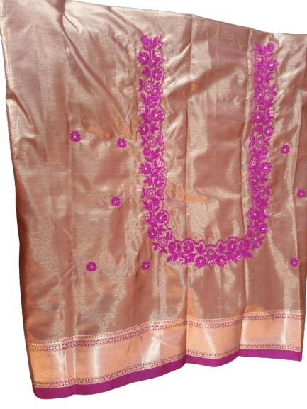 Pink and gold zari embroidered silk blouse with floral motifs