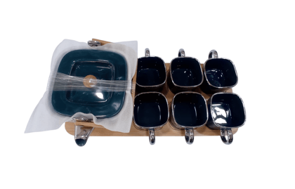 Tea set", "wooden tray", and "6 cups". This title is also concise and easy to read