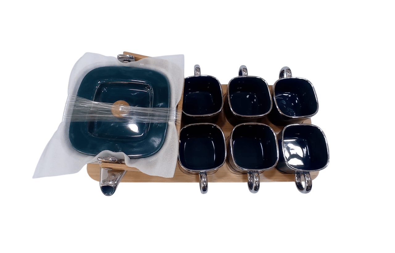 Tea set", "wooden tray", and "6 cups". This title is also concise and easy to read