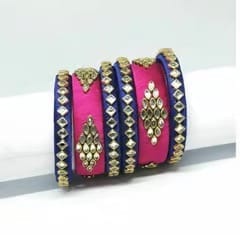 Pink and Blue Silk Thread Bangle Set with Kundan Stones