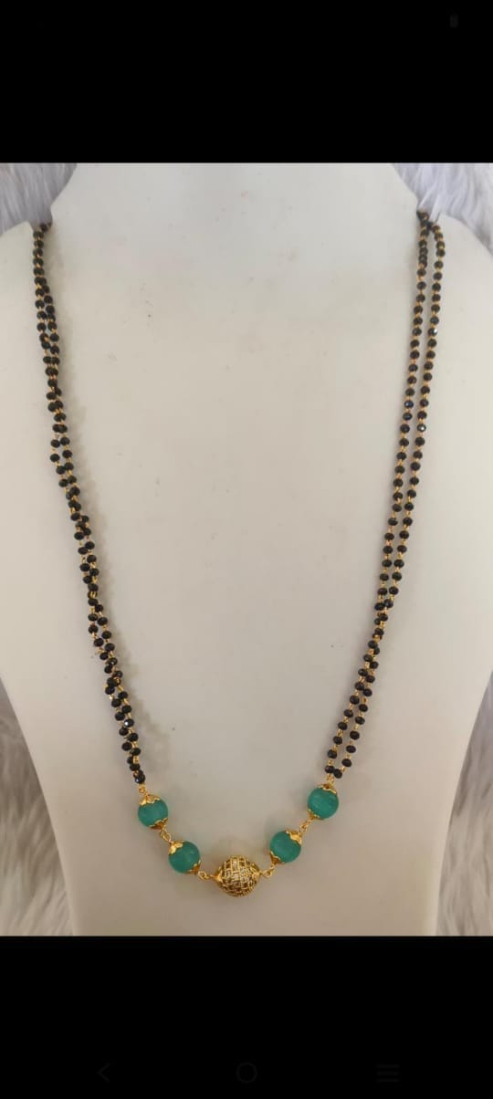 Gold Plated Mangalsutra with Black Beads and Green Stones for Women