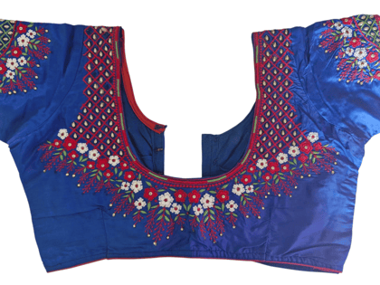 Blue Hand Embroidered Readymade Blouse With Floral Motifs and Zari Work