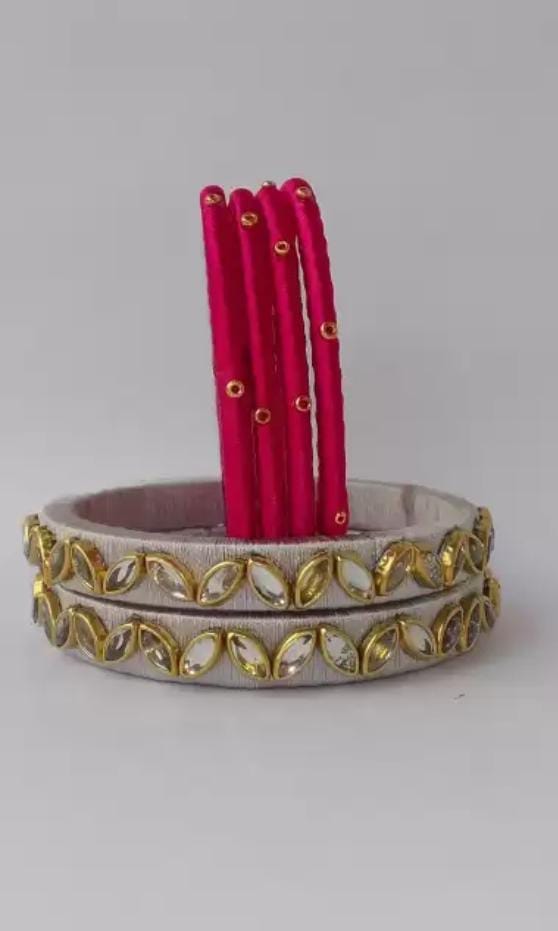 Pink and White Silk Thread Bangle Set with Stone and Pearl Embellishment