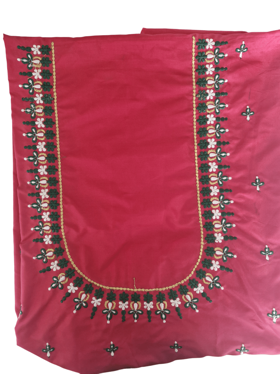 Red and green embroidered blouse piece with zari work