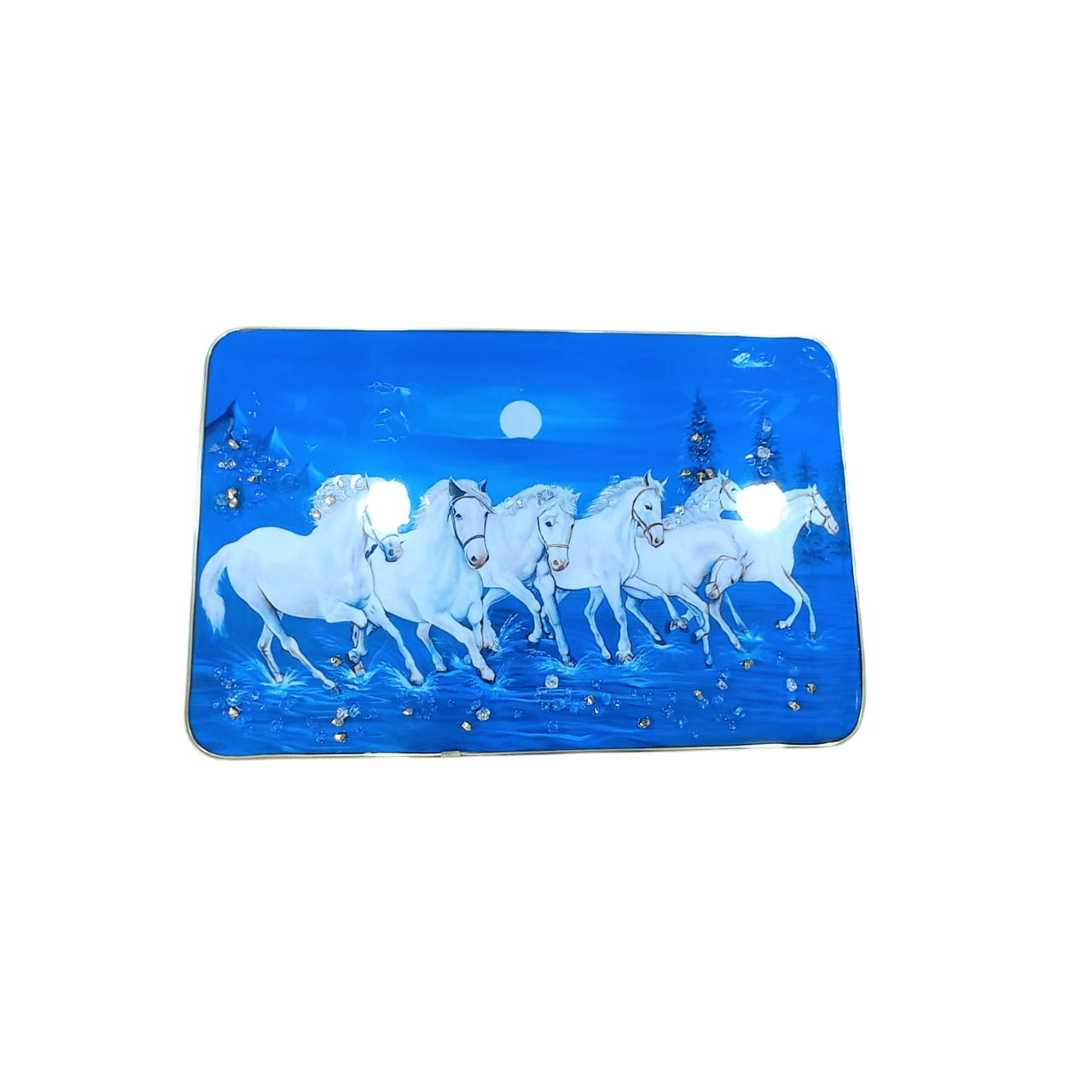 Blue and Silver Metal Wall Art Decor with Horses Galloping in Moonlight