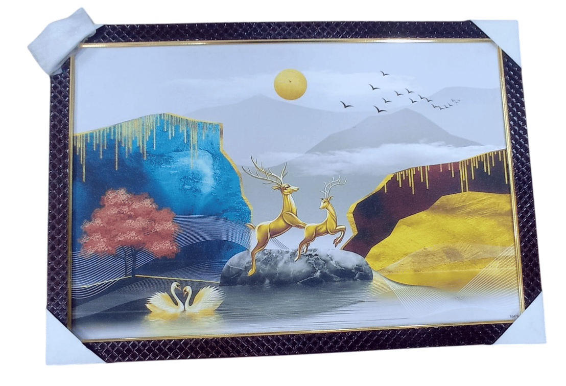 Golden Deer and Swan in Mountain Lake Scenery Canvas Wall Art Print Decor