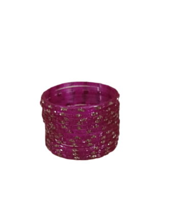 "Stunning Pink Glass Bangles with Golden Glitter - Set of 8"