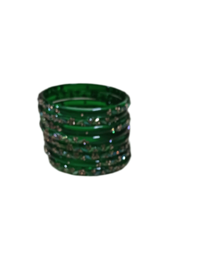 Green Glass Bangles with Golden Glitter - Set of 8