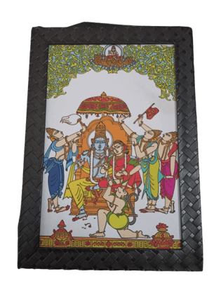 Lord Rama Darbar with Hanuman ji and Mata Sita Hand-Painted Glass Painting Lord Rama Darbar with Hanuman ji and Mata Sita Hand-Painted Glass Painting