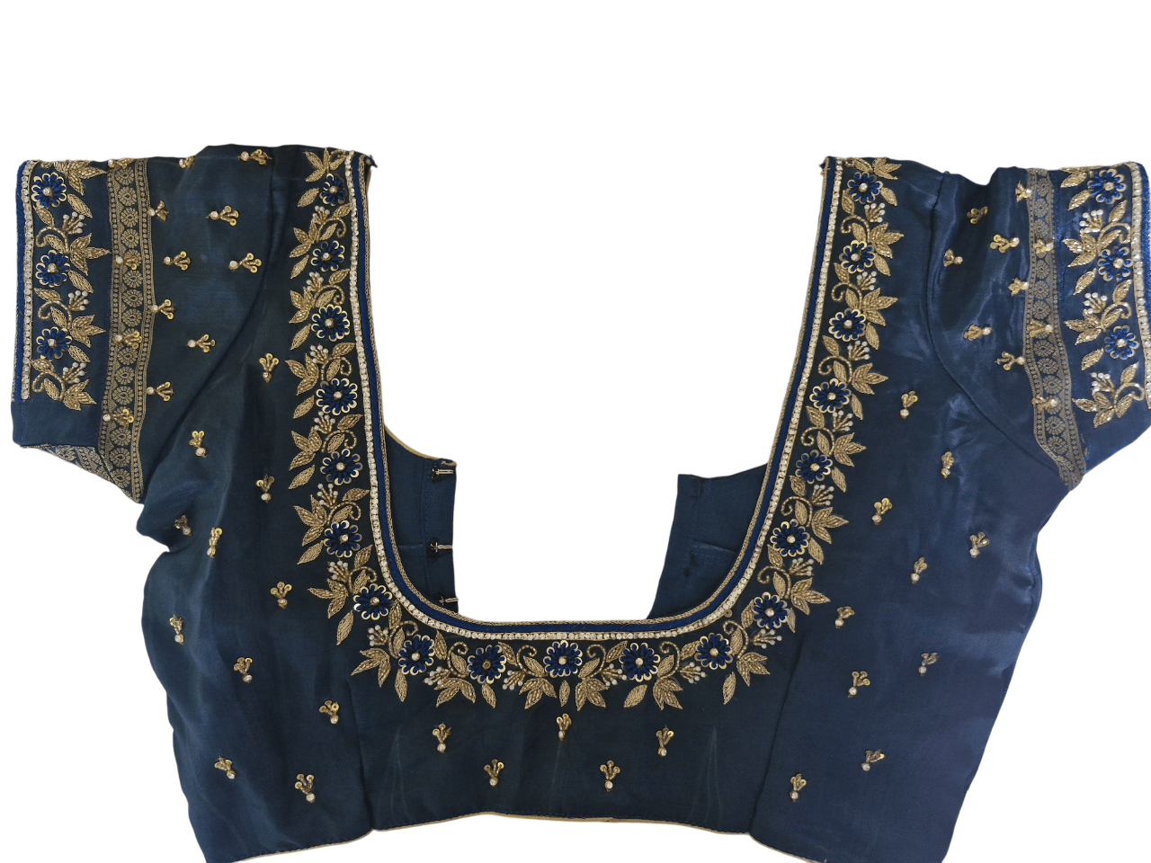 Blue Embroidered Boat Neck Blouse With Zari Work