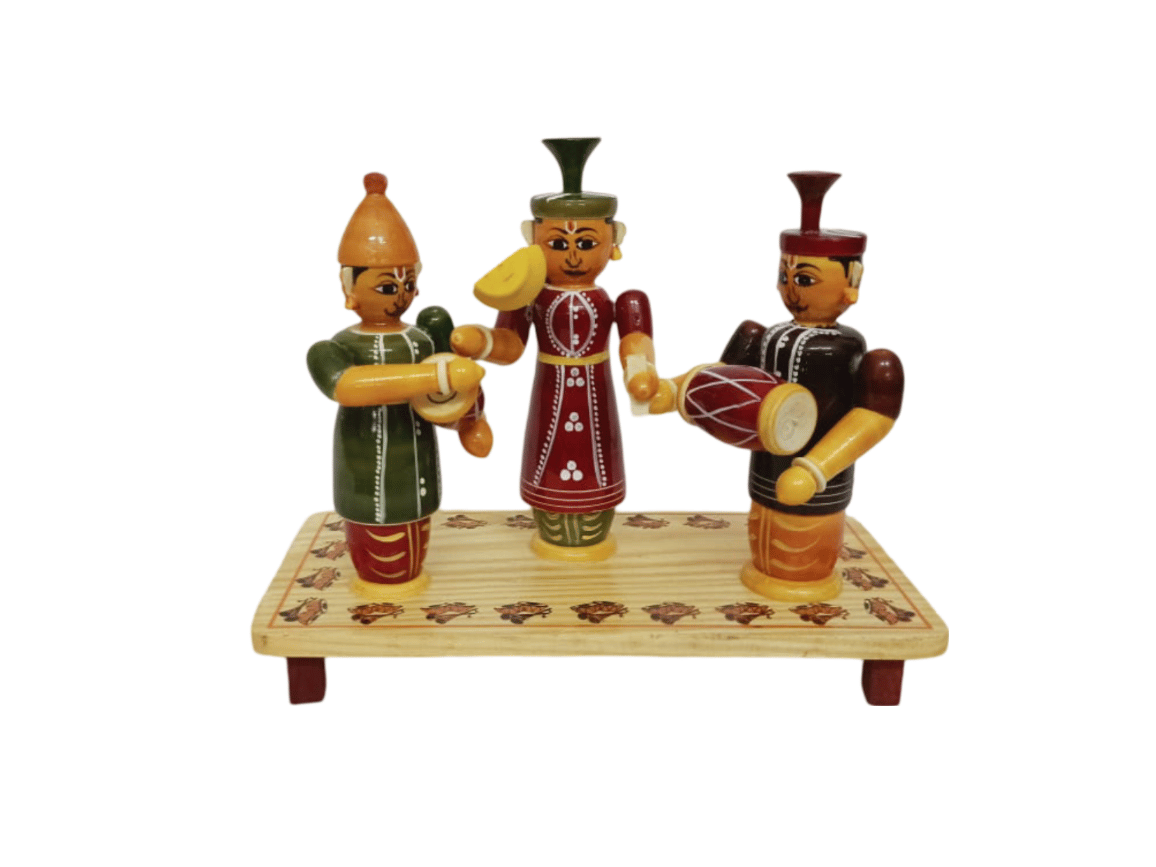 Handcrafted Wooden Indian Musician Figurines Set with Traditional Instruments
