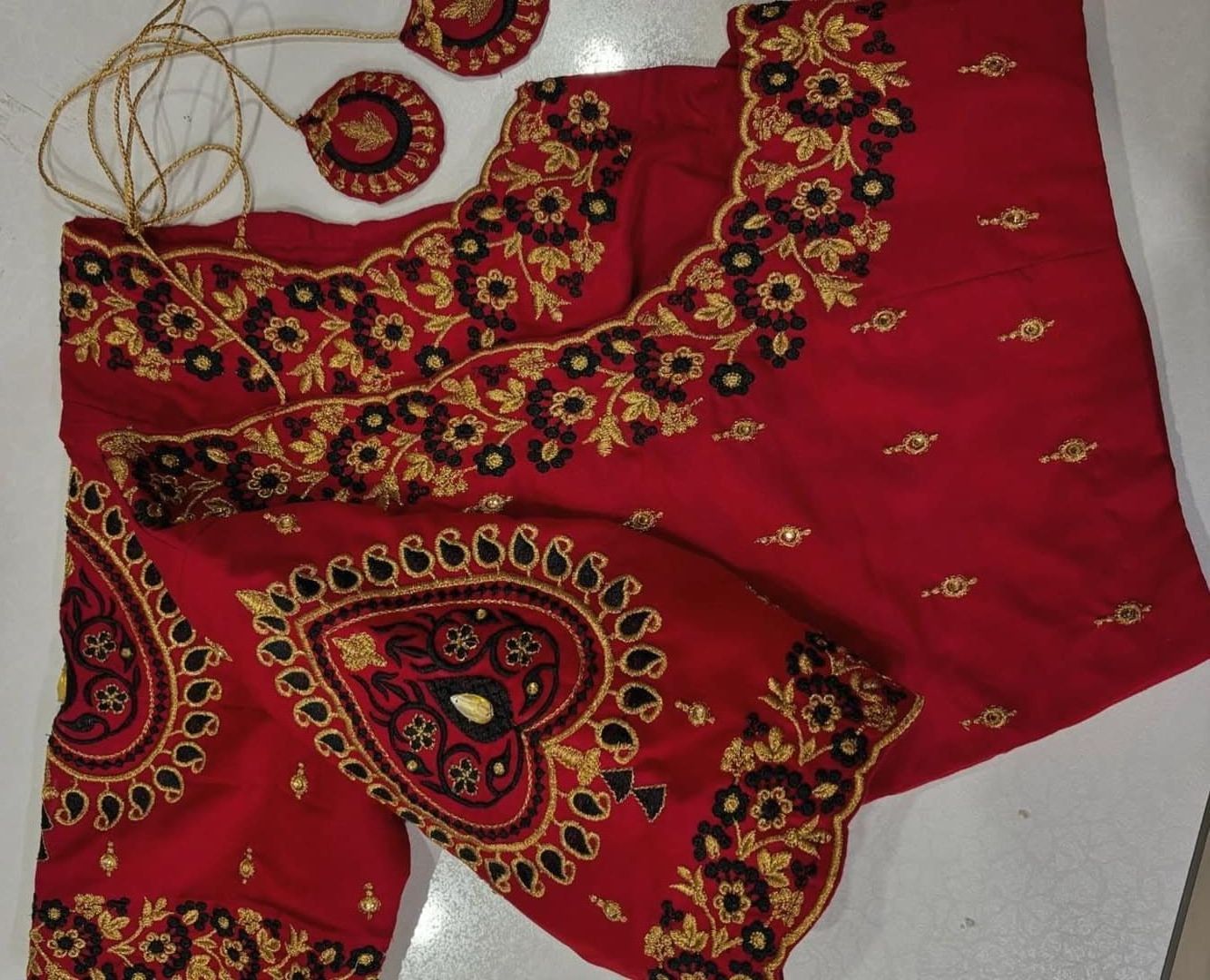 Red and black embroidered designer blouse with sweetheart neckline