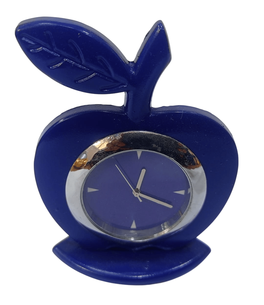 Blue apple-shaped desk clock with silver dial