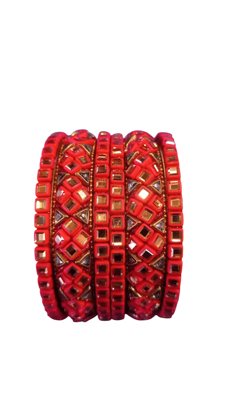 Red and Gold Glass Bangles with Rhinestone Accents