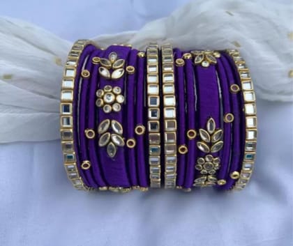 12 Purple Silk Thread Bangles with Kundan and Pearl