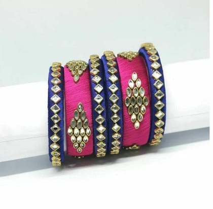 Set of 4, Pink and Blue Silk Thread Bangles with Kundan Stones