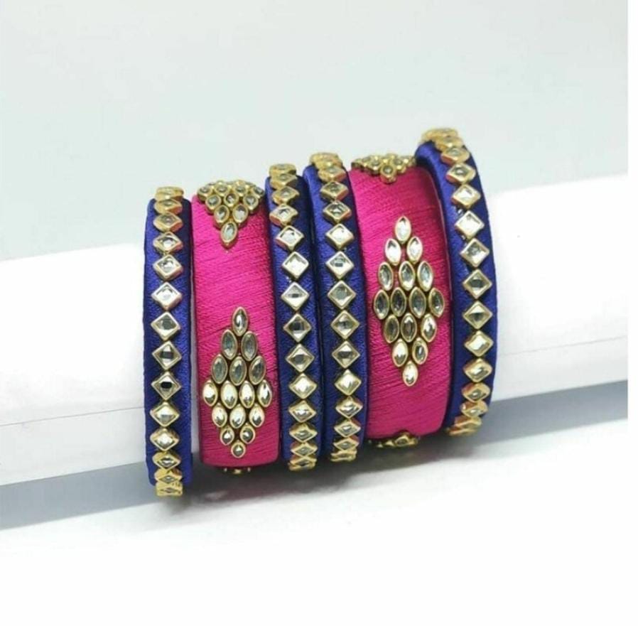 Set of 4, Pink and Blue Silk Thread Bangles with Kundan Stones