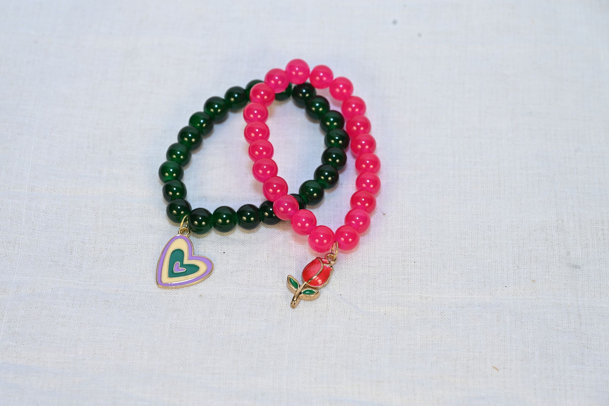 Trendy Green and Pink Beaded Charm Bracelet Set