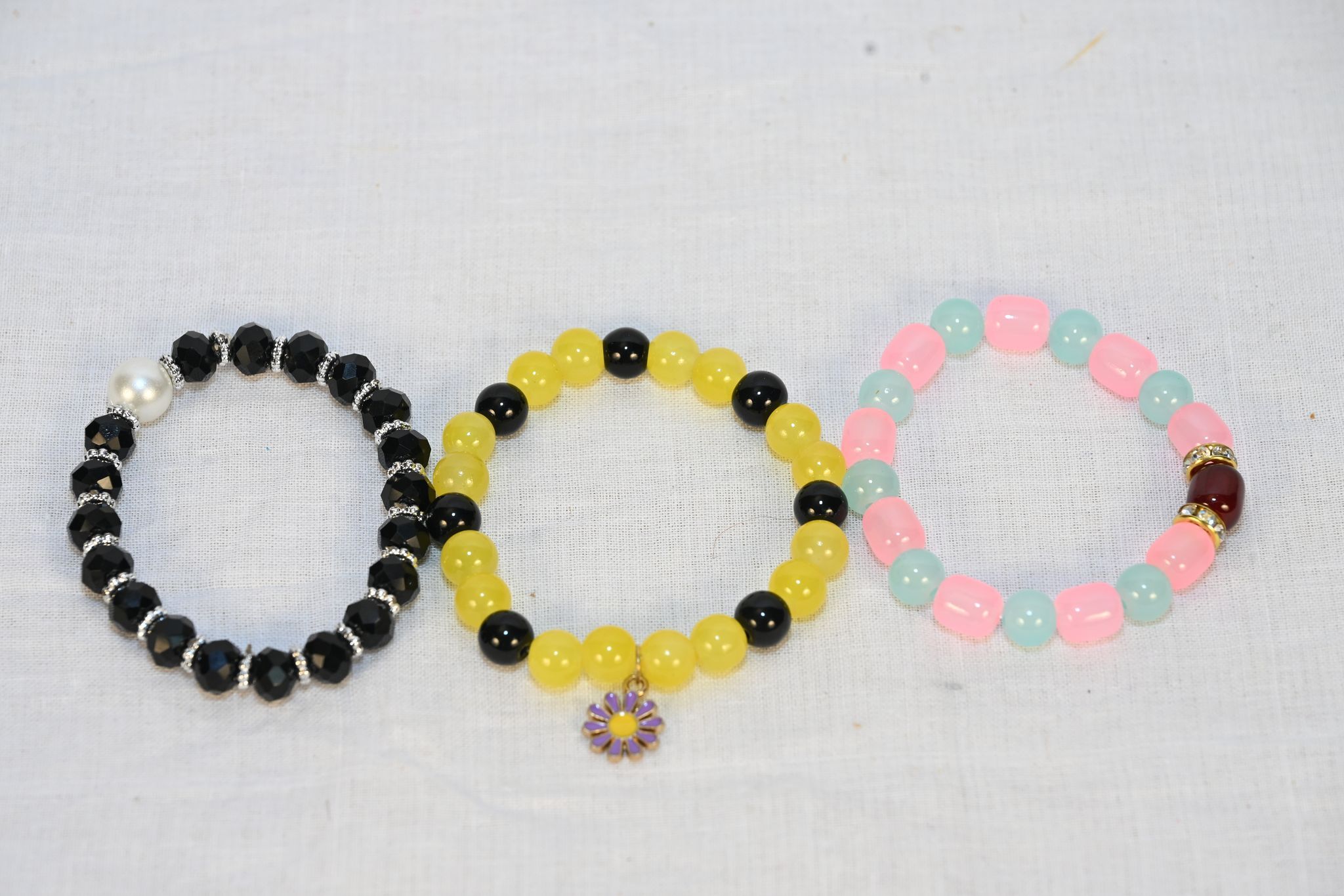 3 Piece Bracelet Set - Black, Yellow, Pink