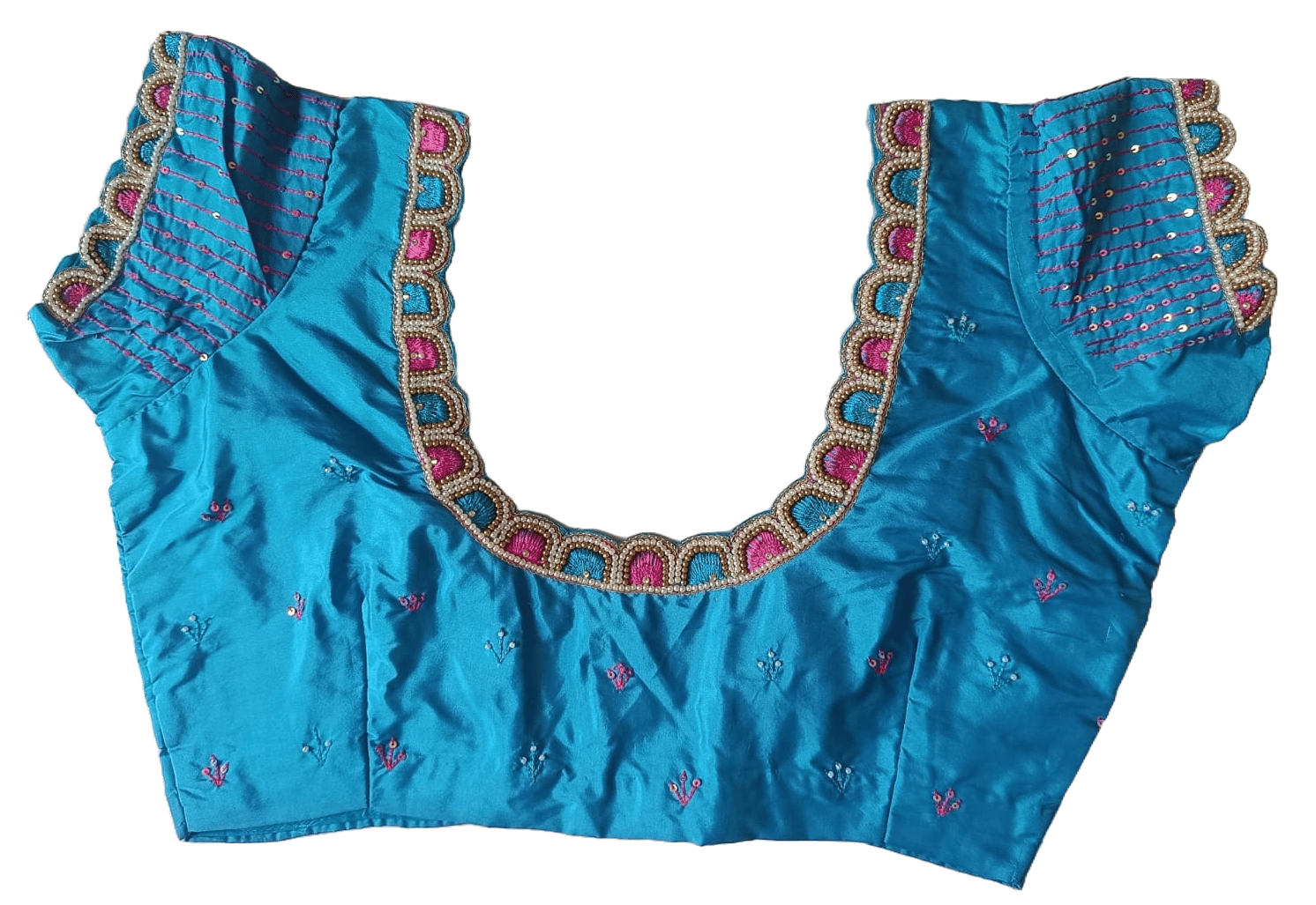 Buy Online Blue Color Embroidered Readymade Blouse With Round Neck And Elbow Sleeves For Women