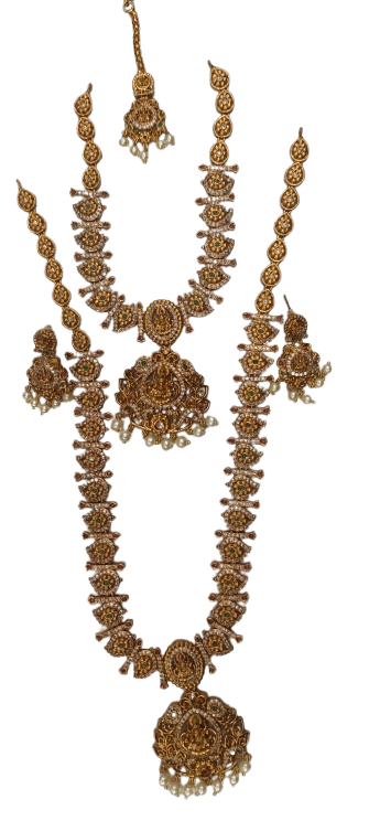 **Product Title:** "Stunning Antique Gold Long Necklace Set with Earrings and Maang Tikka for Women"