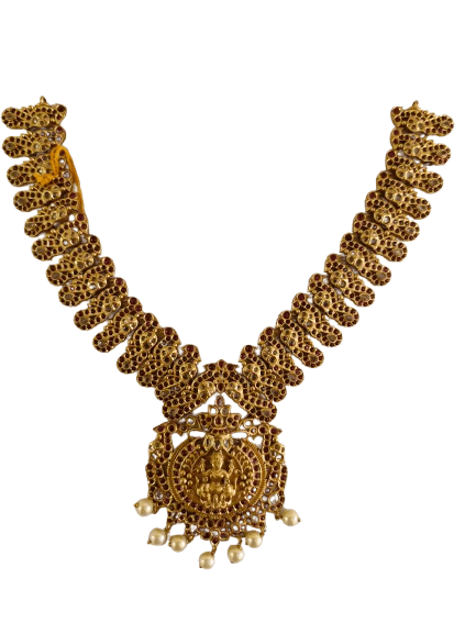 Traditional Indian Antique Gold Plated Temple Jewellery Necklace Set with Ruby Stones and Pearls for Women