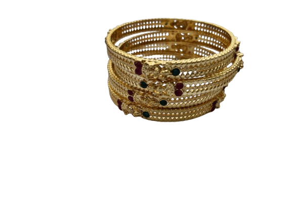 Gold Plated Bangle Set with Red and Green Stones
