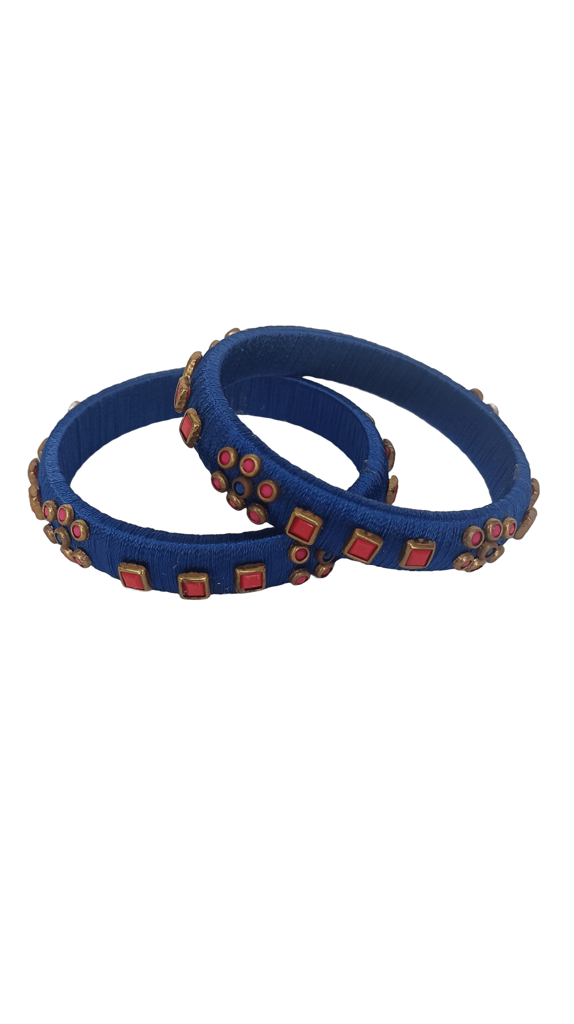 Blue Silk Thread Bangle with Red Stone and Pearl Embellishment