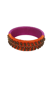 Silk thread bangle with pink and orange color combination and stone studded design