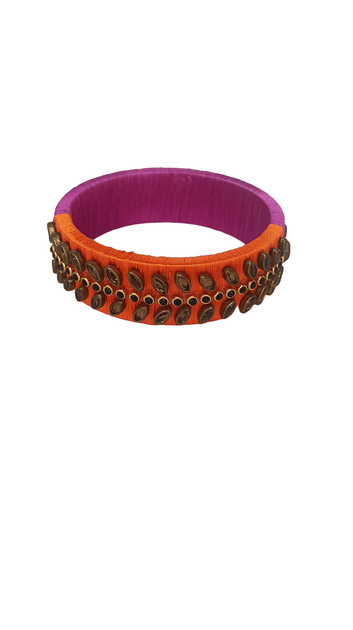 Silk thread bangle with pink and orange color combination and stone studded design