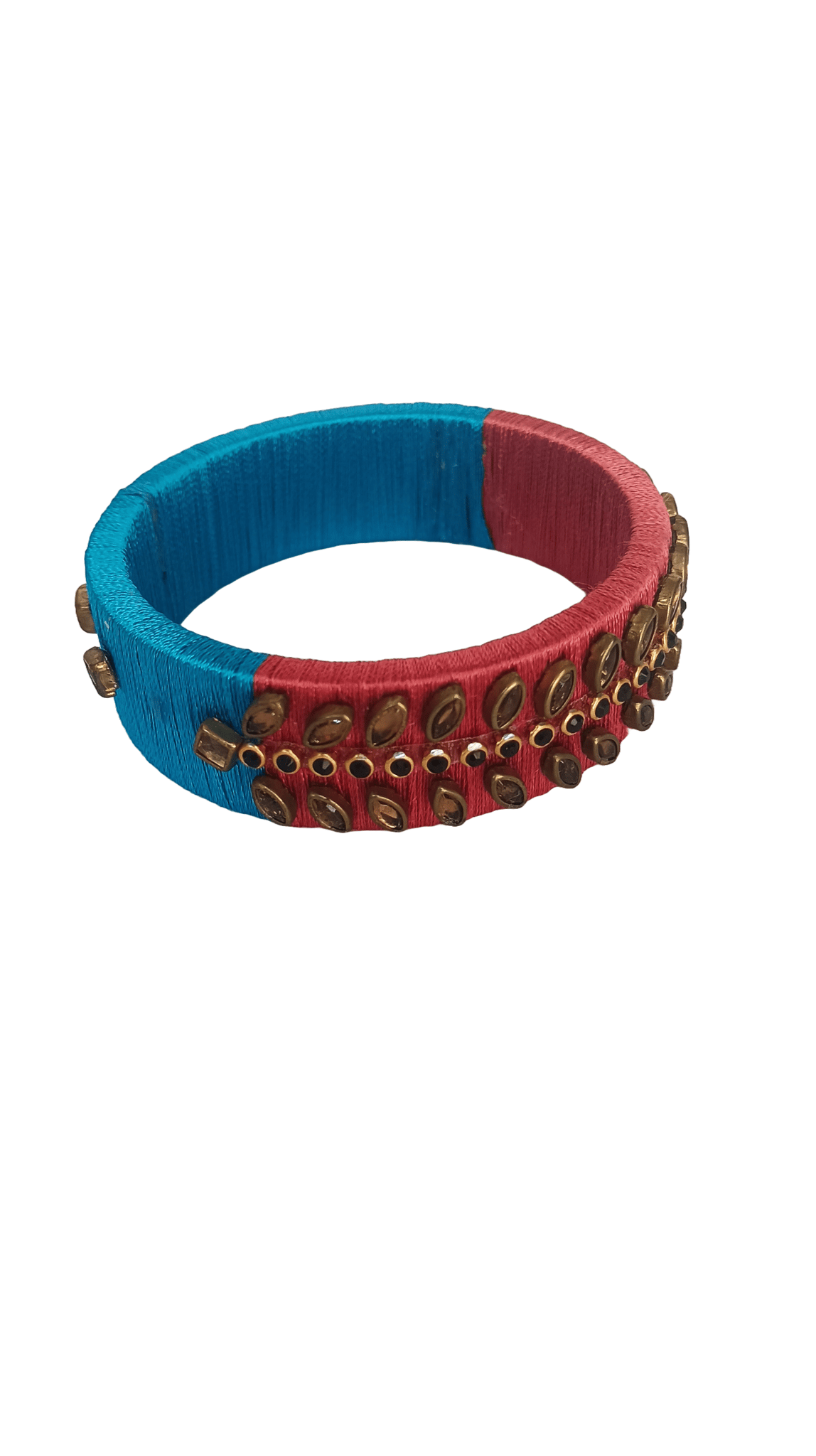 Blue and Red Silk Thread Bangle with Golden Stones