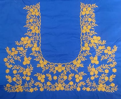 Blue and gold embroidered blouse neck design