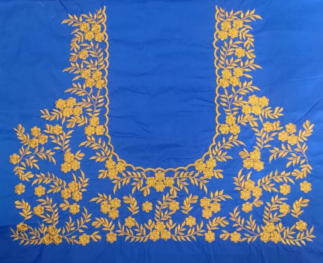 Blue and gold embroidered blouse neck design