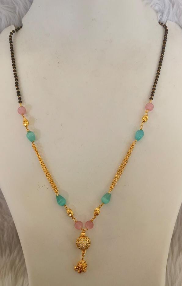 Delicate Gold Plated Mangalsutra with Sea Green and Pink Beads