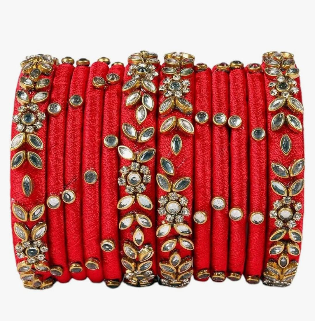 Red Silk Thread Bangles with Kundan and Pearl Embellishment - Set of 12