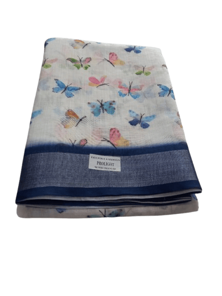 White Linen Saree With Multicolor Butterfly Print And Blue Border
