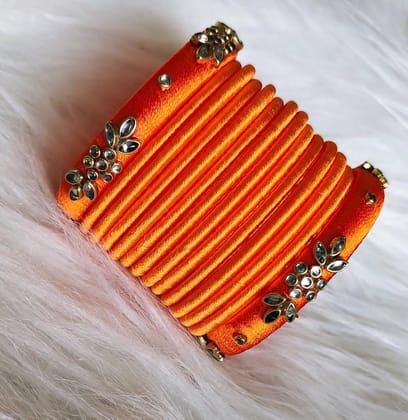 Orange Silk Thread Bangle Set with Kundan Stones for Women