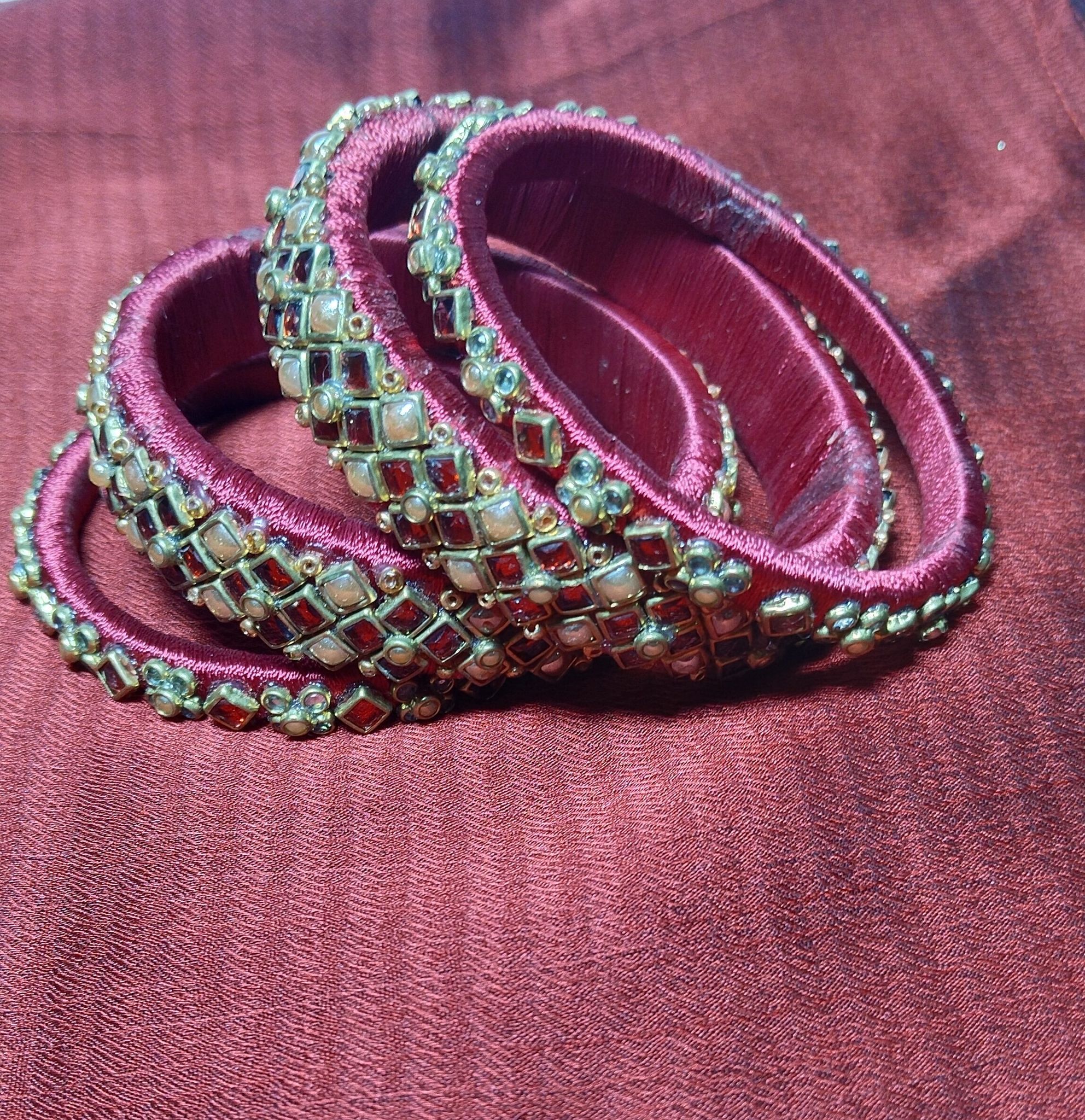 Red Silk Thread Bangles with Kundan Stones