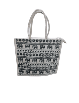 Handwoven Jute Tote Bag with Elephant Print