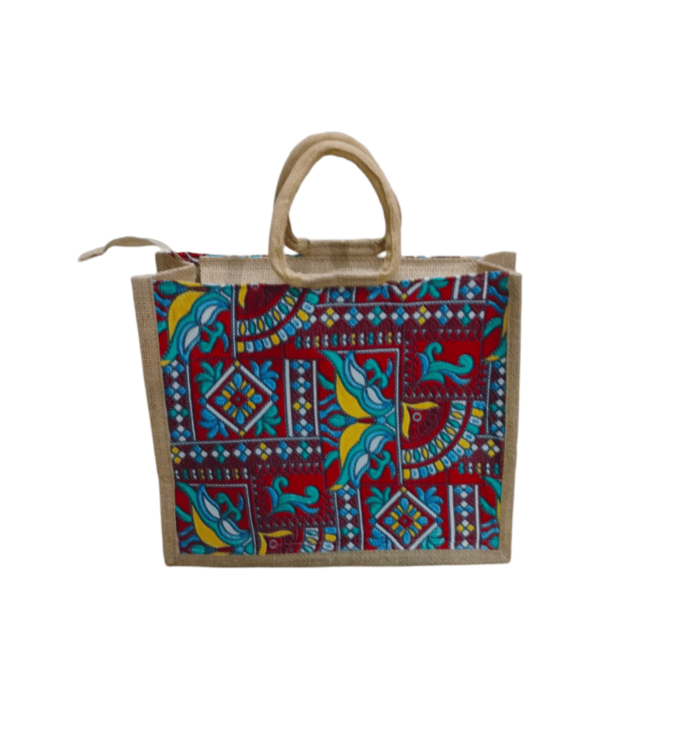 Stylish and Eco-Friendly Jute Tote Bag with Colorful Geometric Patterns