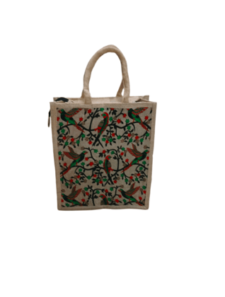 Hand Embroidered Jute Tote Bag with Colorful Bird Design