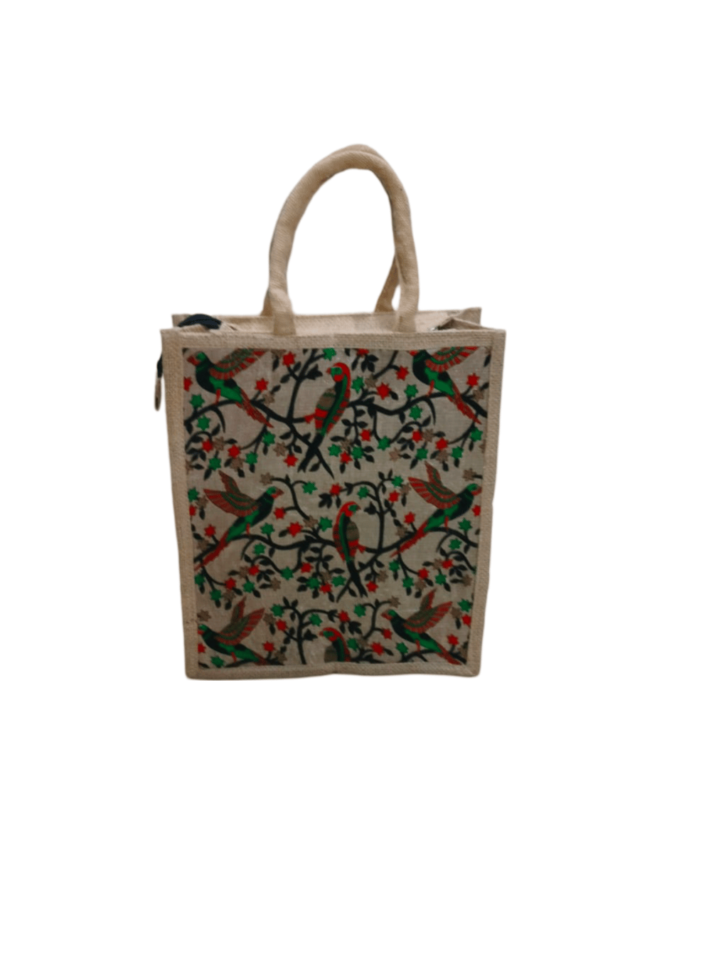 Hand Embroidered Jute Tote Bag with Colorful Bird Design