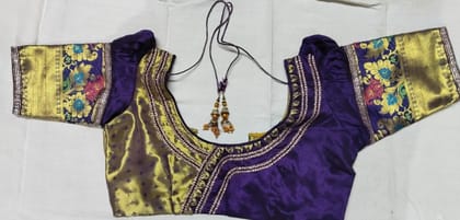 Purple and gold silk embroidered traditional Indian choli blouse with mirror work and gota patti