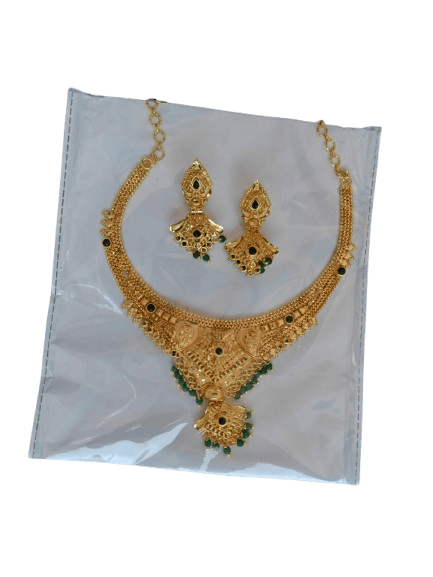 One Gram Gold-plated traditional Indian necklace set with green stones