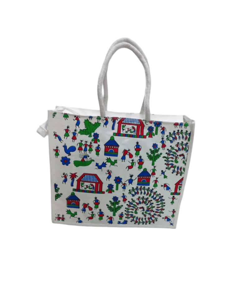 Hand-painted Canvas Tote Bag with Warli Art