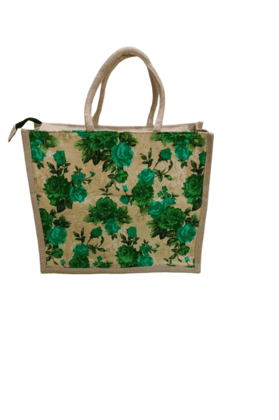 Floral Print Jute Tote Bag with Zipper Closure