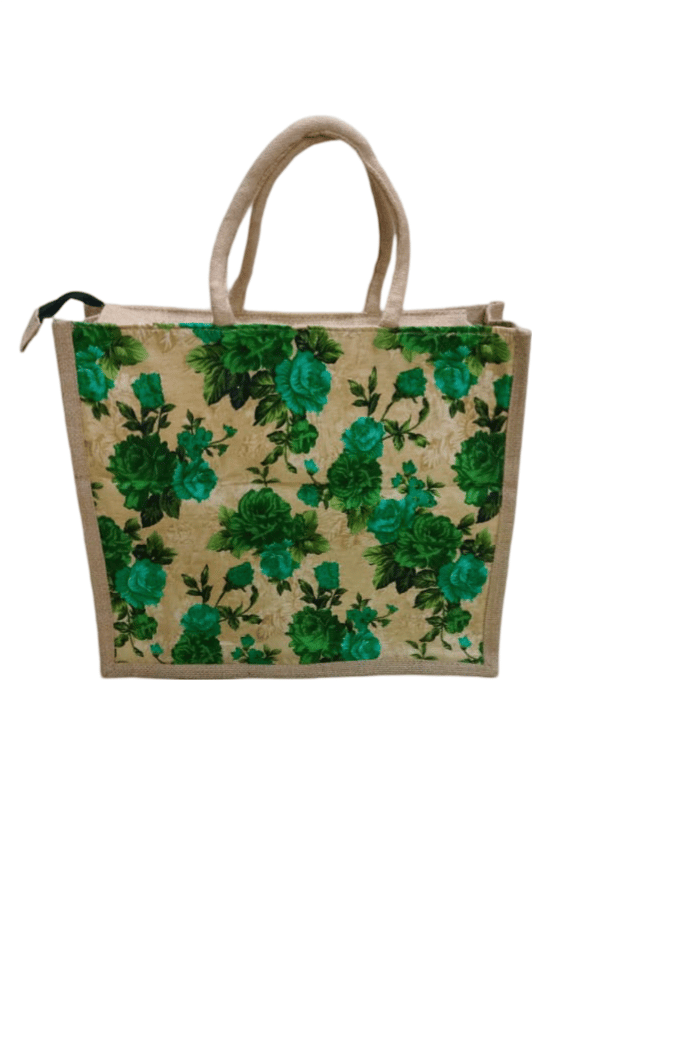 Floral Print Jute Tote Bag with Zipper Closure