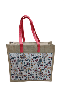 Jute Tote Bag with Colorful Warli Painting