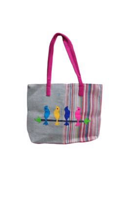 Colorful Hand Embroidered Birds on Jute Tote Bag with Pink Handles